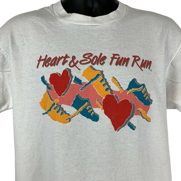 Vintage 90s Heart & Sole Fun Run T Shirt Mens Large Houston Texas Running White - Picture 1 of 10